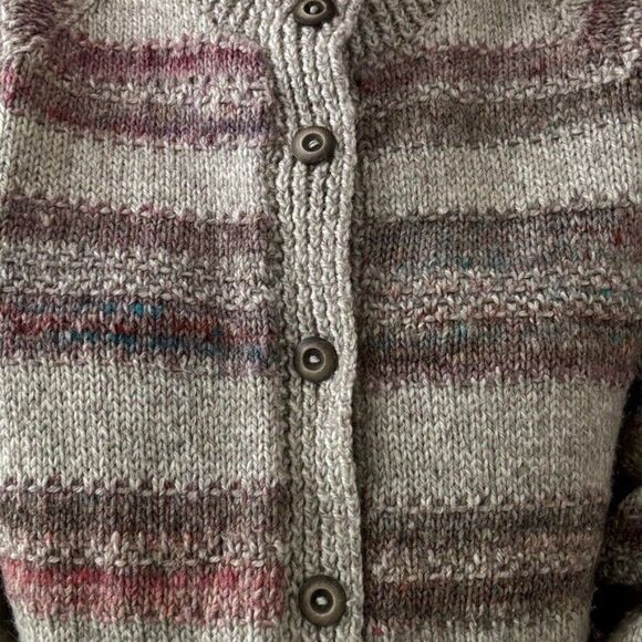 Hand Knit Womens Pastel 100% Wool Crew Neck Striped Hippie Rainbow Cardigan sz L - Picture 7 of 7